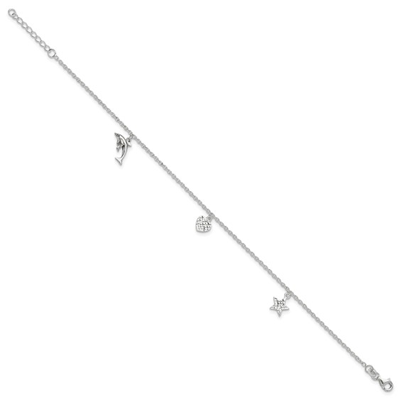 Sterling Silver Heart/Star/Dolphin Charms 10 inch Plus 1 inch Extender - Total 11 inch Anklet