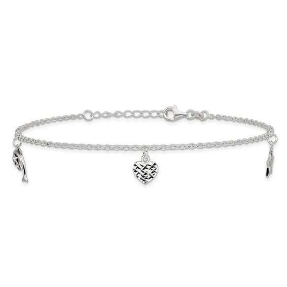 Sterling Silver Heart/Star/Dolphin Charms 10 inch Plus 1 inch Extender - Total 11 inch Anklet