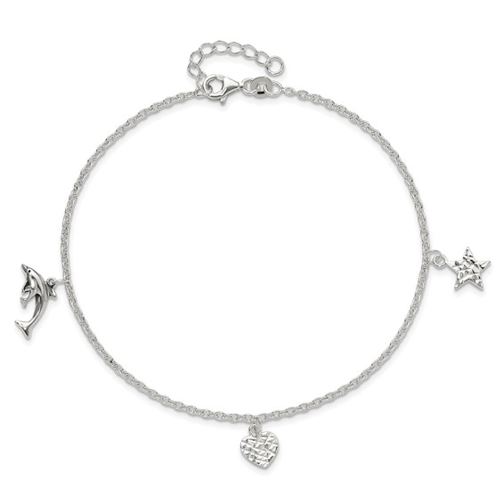 Sterling Silver Heart/Star/Dolphin Charms 10 inch Plus 1 inch Extender - Total 11 inch Anklet