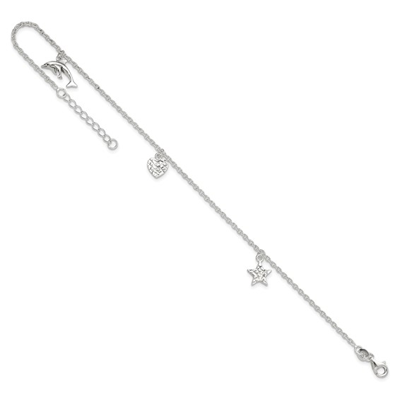 Sterling Silver Heart/Star/Dolphin Charms 9 inch Plus 1 inch Extender - Total 10 inch Anklet