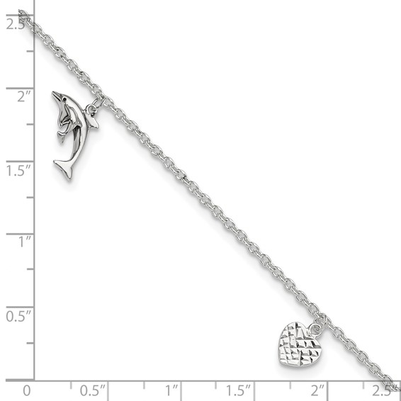 Sterling Silver Heart/Star/Dolphin Charms 9 inch Plus 1 inch Extender - Total 10 inch Anklet