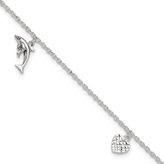 Sterling Silver Heart/Star/Dolphin Charms 10 inch Plus 1 inch Extender - Total 11 inch Anklet