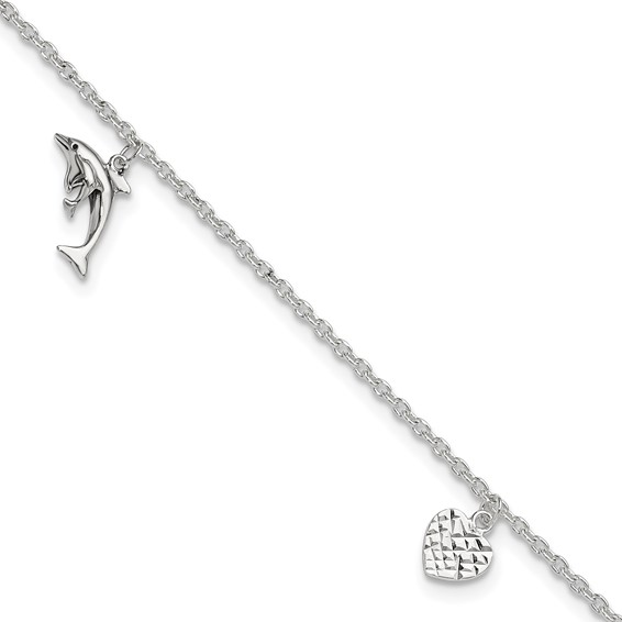 Sterling Silver Heart/Star/Dolphin Charms 10 inch Plus 1 inch Extender - Total 11 inch Anklet