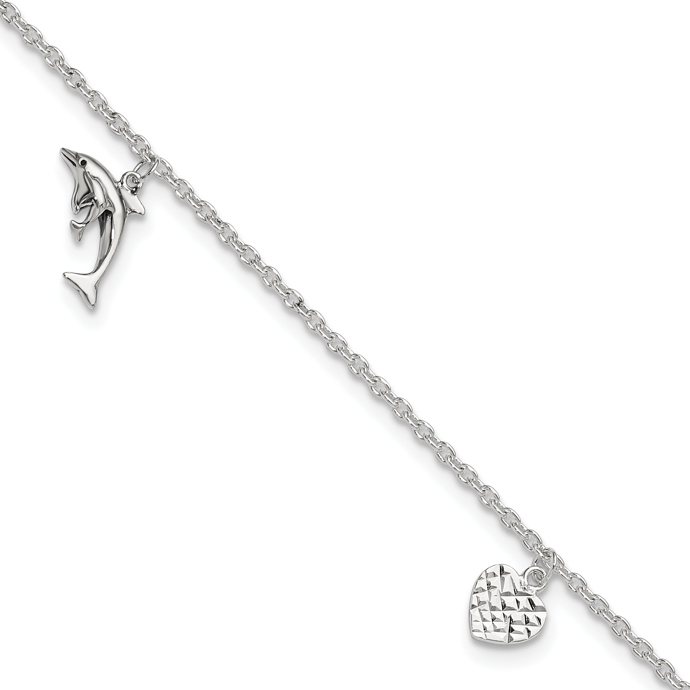 Sterling Silver Polished Heart, Star and Dolphin 9in Plus 1in Ext. Anklet (QG2788-9)