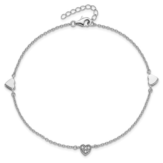 Sterling Silver Rhodium-plated CZ Heart 9 inch Plus 1 inch Extender - Total 10 inch Anklet
