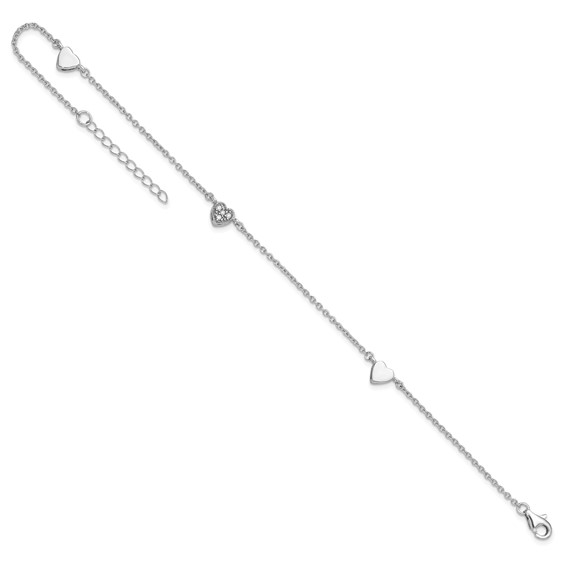 Sterling Silver Rhodium-plated CZ Heart 9 inch Plus 1 inch Extender - Total 10 inch Anklet