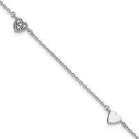 Sterling Silver Rhodium-plated CZ Heart Plus 1 Inch Extender - Total 10 Inch Anklet, 9" view 1