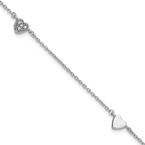 Sterling Silver Rhodium-plated CZ Heart Plus 1 Inch Extender - Total 10 Inch Anklet, 9"