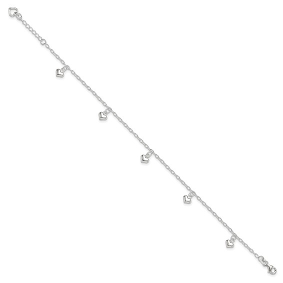 Sterling Silver Puffed Heart Charms 9 inch Plus 1 inch Extender - Total 10 inch Anklet