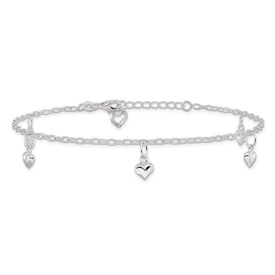 Sterling Silver Puffed Heart Charms 9 inch Plus 1 inch Extender - Total 10 inch Anklet