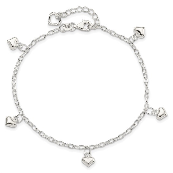 Sterling Silver Puffed Heart Charms 9 inch Plus 1 inch Extender - Total 10 inch Anklet