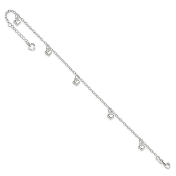 Sterling Silver Puffed Heart Charms 9 inch Plus 1 inch Extender - Total 10 inch Anklet
