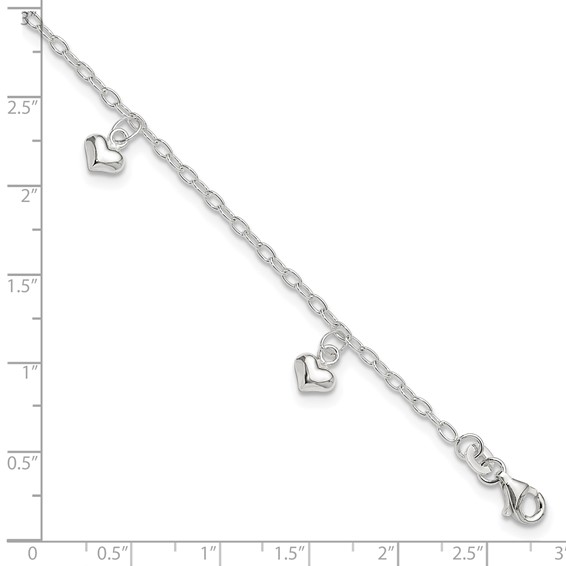 Sterling Silver Puffed Heart Charms 9 inch Plus 1 inch Extender - Total 10 inch Anklet