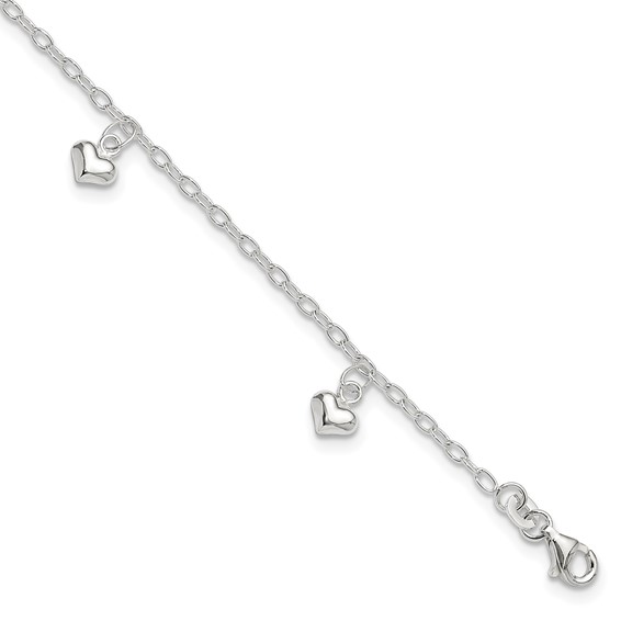 Sterling Silver Puffed Heart Charms 10 inch Plus 1 inch Extender - Total 11 inch Anklet