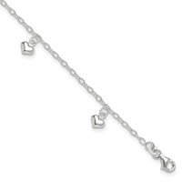 Sterling Silver Puffed Heart Charms Plus 1 Inch Extender - Total 10 Inch Anklet, 9" view 1
