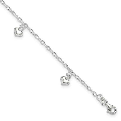 Sterling Silver Puffed Heart Charms Plus 1 Inch Extender - Total 10 Inch Anklet, 9"