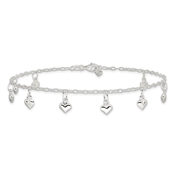 Sterling Silver Polished Puffed Heart Anklet
