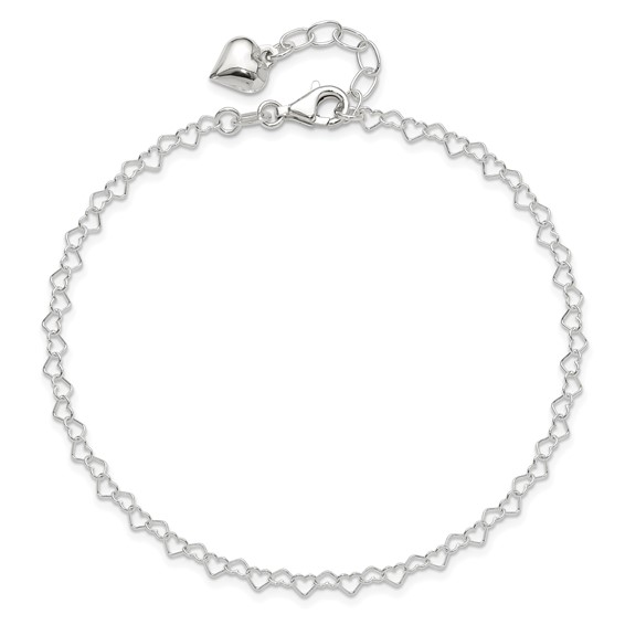 Sterling Silver Puffed Heart Dangle 9 inch Plus 1 inch Extender - Total 10 inch Anklet