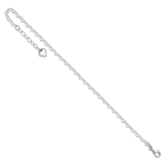 Sterling Silver Puffed Heart Dangle 9 inch Plus 1 inch Extender - Total 10 inch Anklet