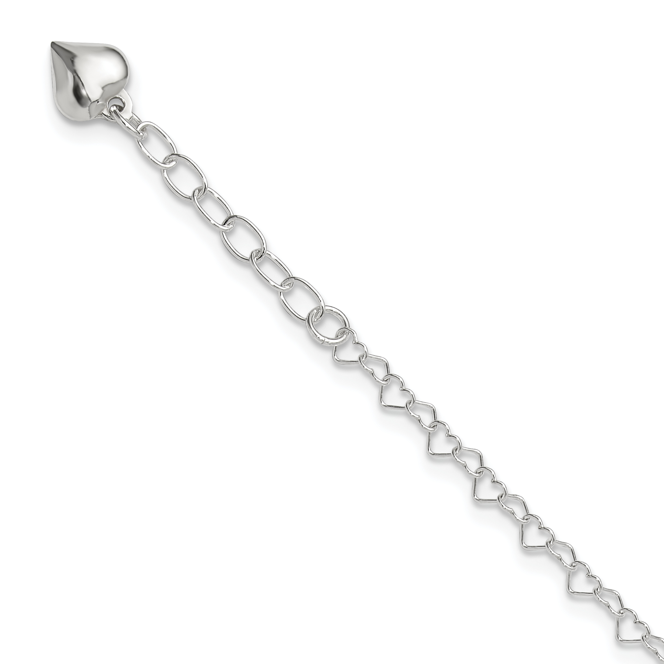 Sterling Silver Polished Puffed Heart 9in Plus 1in ext. Anklet (QG2793-9)