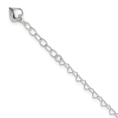 Sterling Silver Puffed Heart Dangle Plus 1 Inch Extender - Total 10 Inch Anklet - 9in