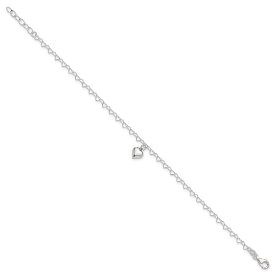 Sterling Silver Puffed Heart Charm 9 inch Plus 1 inch Extender - Total 10 inch Anklet