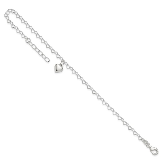 Sterling Silver Puffed Heart Charm 9 inch Plus 1 inch Extender - Total 10 inch Anklet
