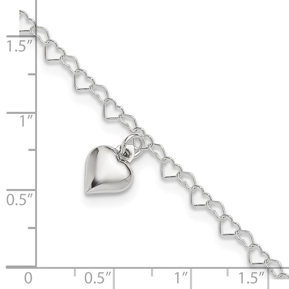 Sterling Silver Puffed Heart Charm 9 inch Plus 1 inch Extender - Total 10 inch Anklet