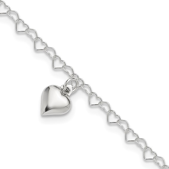 Sterling Silver Puffed Heart Charm 9 inch Plus 1 inch Extender - Total 10 inch Anklet