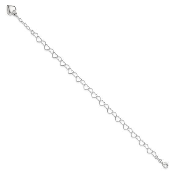 Sterling Silver Puffed Heart Dangle 9 inch Plus 1 inch Extender - Total 10 inch Anklet