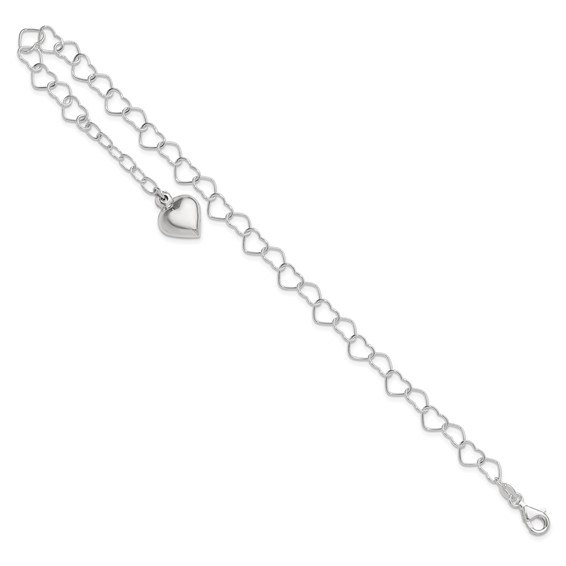 Sterling Silver Puffed Heart Dangle 9 inch Plus 1 inch Extender - Total 10 inch Anklet