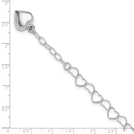 Sterling Silver Puffed Heart Dangle 9 inch Plus 1 inch Extender - Total 10 inch Anklet