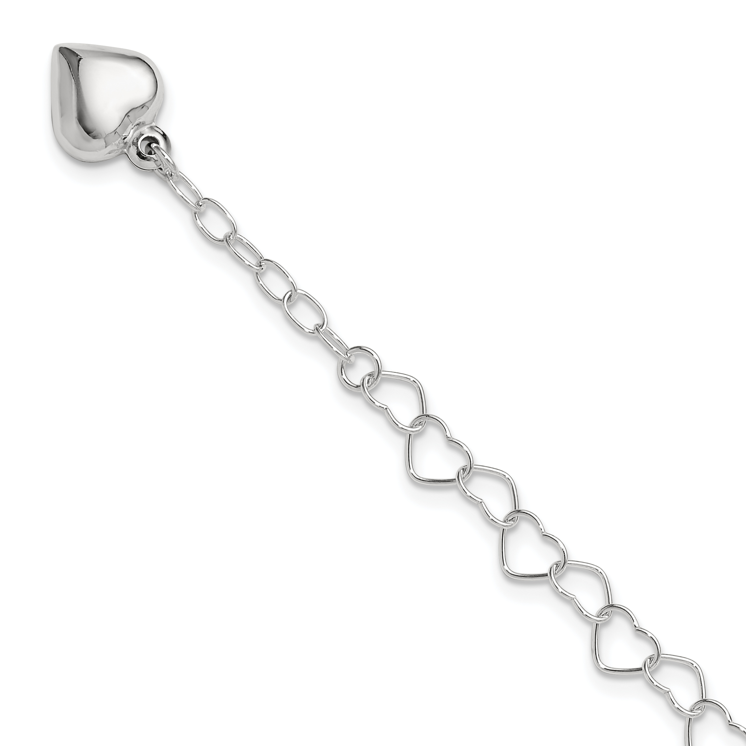Sterling Silver Polished Puffed Heart 10in Plus 1in ext. Anklet (QG2795-10)