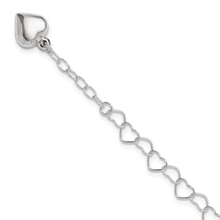 Sterling Silver Puffed Heart Dangle 10 inch Plus 1 inch Extender - Total 11 inch Anklet