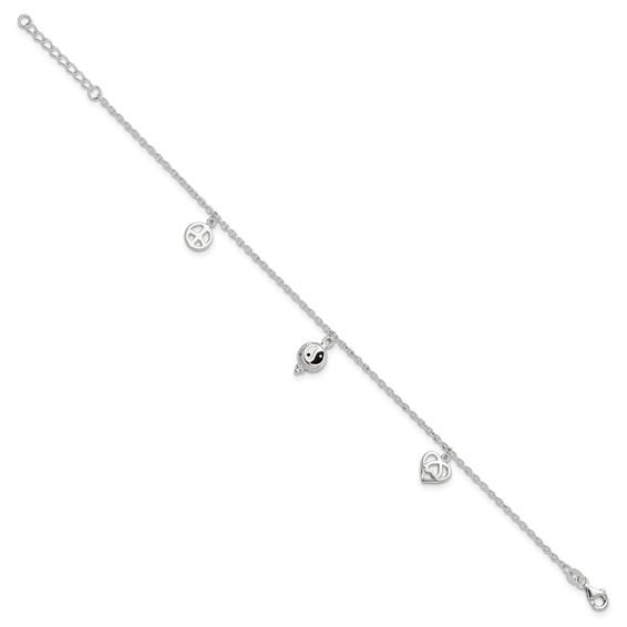 Sterling Silver Heart/YinYang/Peace Sign 8 inch Plus 1 inch Extender - Total 9 inch Anklet