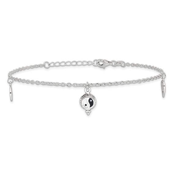 Sterling Silver Heart/YinYang/Peace Sign 8 inch Plus 1 inch Extender - Total 9 inch Anklet