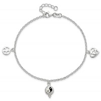 Sterling Silver Heart YinYang Peace Sign Plus 1 Inch Extender - Total 9 Inch Anklet, 8" view 5
