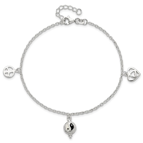 Sterling Silver Heart/YinYang/Peace Sign 8 inch Plus 1 inch Extender - Total 9 inch Anklet