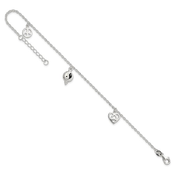 Sterling Silver Heart/YinYang/Peace Sign 8 inch Plus 1 inch Extender - Total 9 inch Anklet