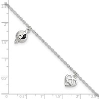 Sterling Silver Heart YinYang Peace Sign Plus 1 Inch Extender - Total 9 Inch Anklet, 8" view 3