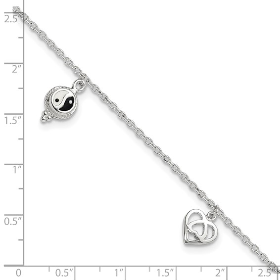 Sterling Silver Heart/YinYang/Peace Sign 8 inch Plus 1 inch Extender - Total 9 inch Anklet