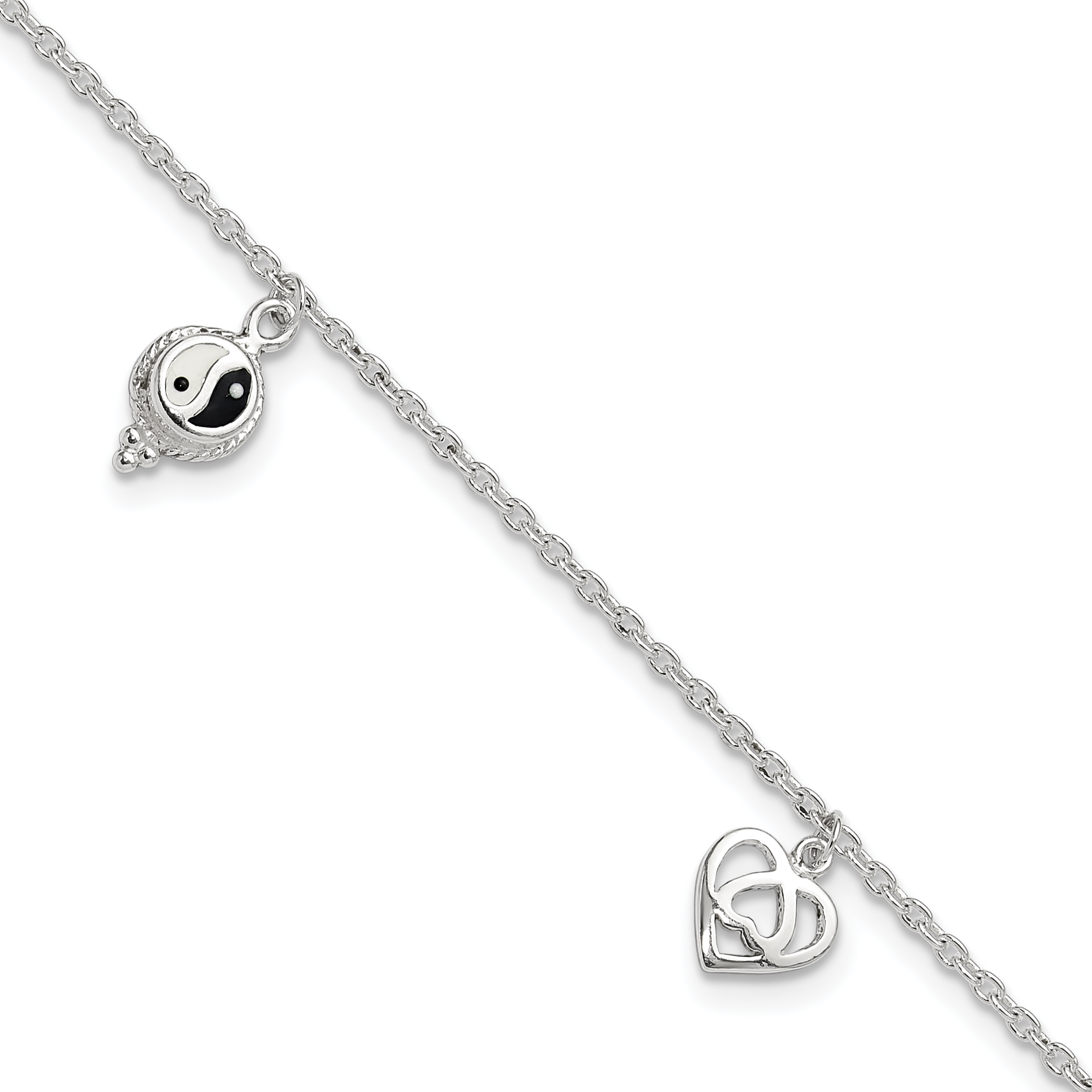 Sterling Silver Polished Hearts and Peace Sign 8in Plus 1in Ext Anklet (QG2797-9)