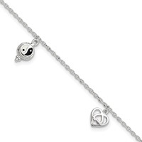 Sterling Silver Heart YinYang Peace Sign Plus 1 Inch Extender - Total 9 Inch Anklet, 8" view 1