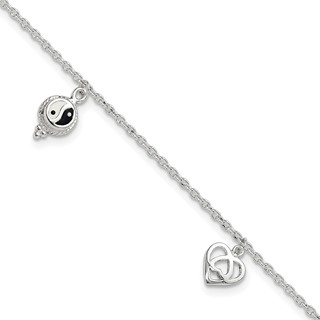 Sterling Silver Heart/YinYang/Peace Sign 8 inch Plus 1 inch Extender - Total 9 inch Anklet