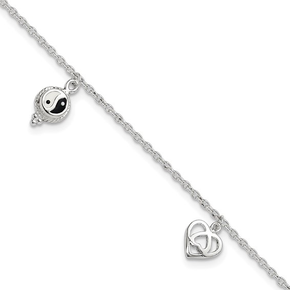 Sterling Silver Heart/YinYang/Peace Sign 8 inch Plus 1 inch Extender - Total 9 inch Anklet