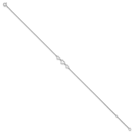 Sterling Silver Rhodium-plated Three Hearts 10 inch Plus 1 inch Extender - Total 11 inch Anklet