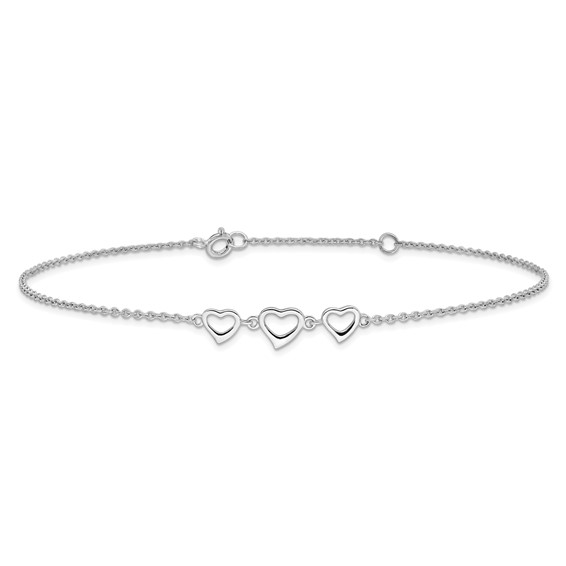 Sterling Silver Rhodium-plated Three Hearts 10 inch Plus 1 inch Extender - Total 11 inch Anklet