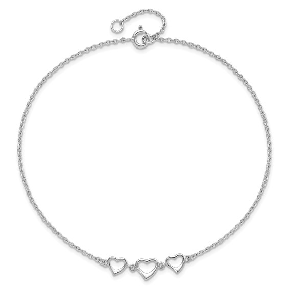 Sterling Silver Rhodium-plated Three Hearts 10 inch Plus 1 inch Extender - Total 11 inch Anklet