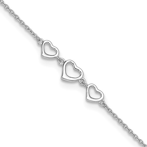 Sterling Silver Rhodium-plated Three Hearts Plus 1 Inch Extender - Total 11 Inch Anklet, 10"