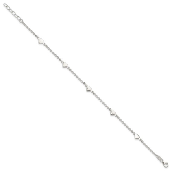 Sterling Silver Hearts 5-Station 9 inch Plus 1 inch Extender - Total 10 inch Anklet